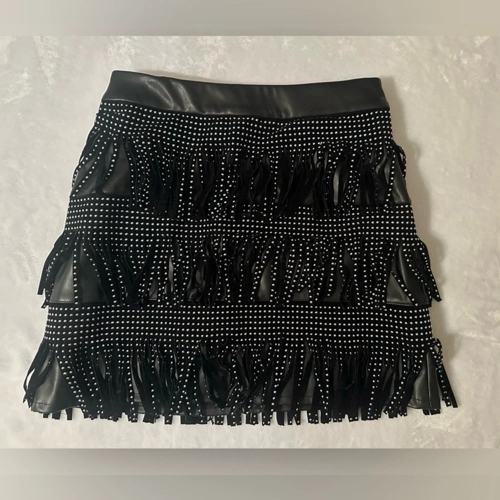 Sincerely Jules Black Fringe Mini Skirt with Silver Studs - Picture 2 of 7